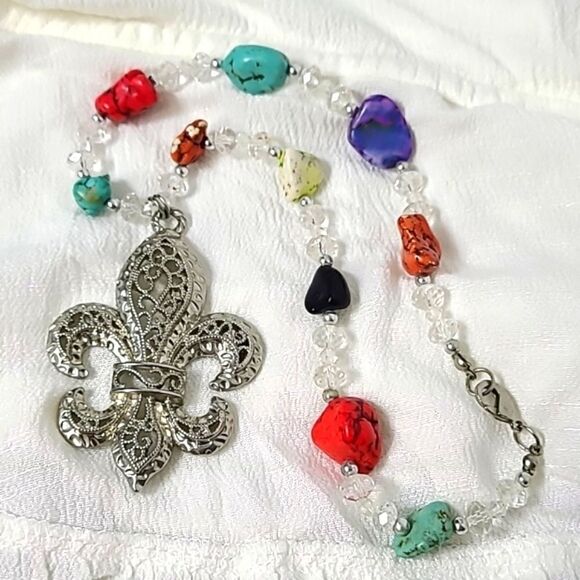 Silver Fleur-de-lis Necklace with Colored Stones - Picture 2 of 5